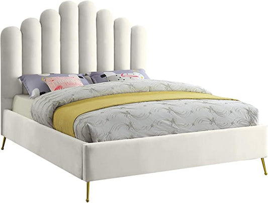 Meridian Furniture Lily Collection Modern | Contemporary Velvet Upholstered Bed with Deep Channel Tufting and Custom Gold Steel Legs, Queen, Cream