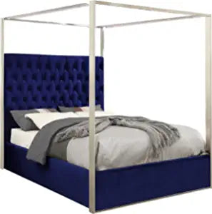 Meridian Furniture Porter Collection Modern | Contemporary Velvet Upholstered Bed with Deep Detailed Tufting and Chrome Canopy, Navy, King